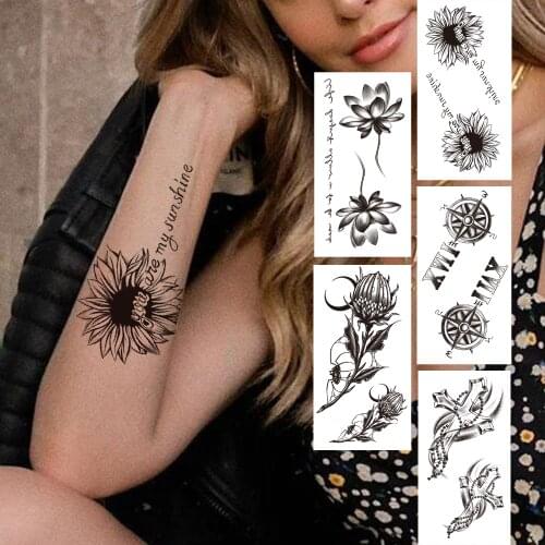 Beauty SunFlower Temporary Tattoos For Women Men Adult Cross Black Compass Tattoo Sticker Fake Lotus Waterproof Tatoos Back