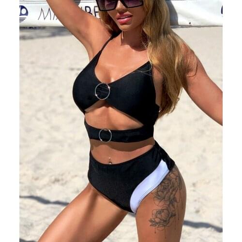 Sexy Cut Out Swimwear Two Pieces Push Up Monokini Swimsuit Metal Ring High Waist Bathing Suit Beach Wear Swimming Suit For Women