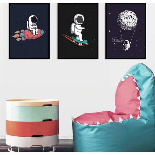 Cartoon Astronaut Canvas Painting Classic Space Rocket Moon Poster Cute Childrens Room Bedroom Wall Art Decoration Pictures
