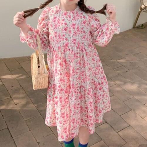 2021 New Fashion Children Dress Spring Autumn Long Sleeve Floral Printed Priness Dress Sweet Kids Clothes Girls Dress