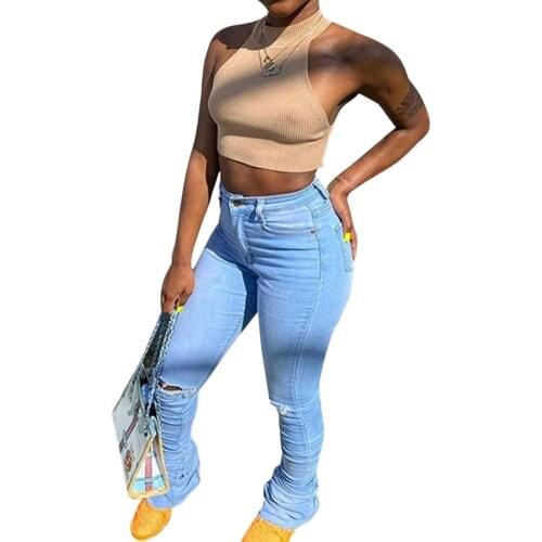 2021 New Women’s Korean Slim Fit Jeans Fashion Solid Color High-waist Ripped Skinny Denim Trousers All-match