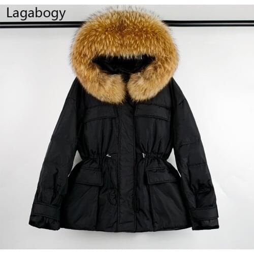 Lagabogy 2021 New Winter Warm Hooded Parkas 90% White Duck Down Coat Female Feather Waist Puffer Jacket Large Real Raccoon Fur