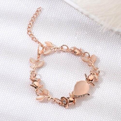 New Korean Creative Hand Ornaments Women Opal Chain Link Bracelet For Women Trend Dazzling Opal Leaves Rose sweet Bracelet Gift