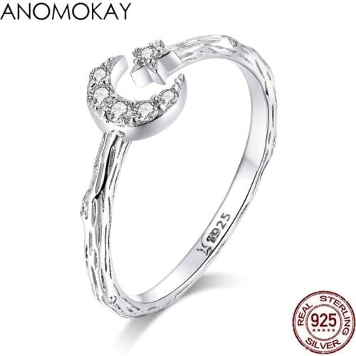 Anomokay 925 Sterling Silver Moon & Star Open Finger Rings for Women Gift Vintage White CZ Resizable Rings Retro Stylish Jewelry
