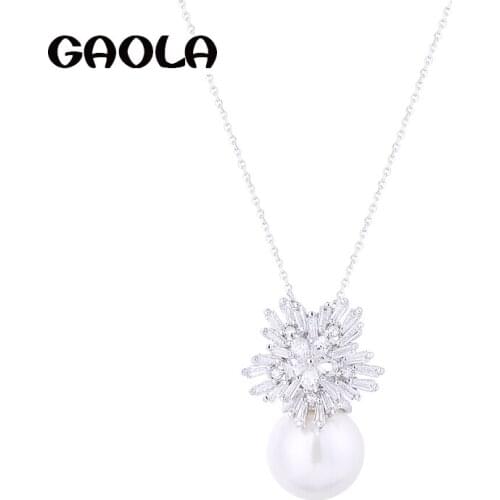 GAOLA New Design Cubic Zirconia Flower Imitation Pearls Pendant Necklace For Women Girl Gift jewelry GLD0670