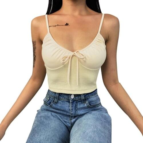 Sexy Ladies Knitted Lace Up Camisole Summer Women Solid Sling V Neck Bustier Crop Top Streetwear
