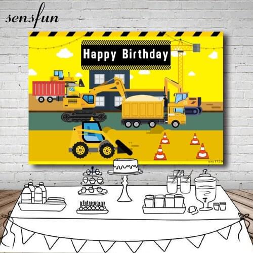 Sensfun Construction Party Photography Background Yellow Decor Boys Backdrop Dump Truck Bulldozer Photo Studio Prop Banner