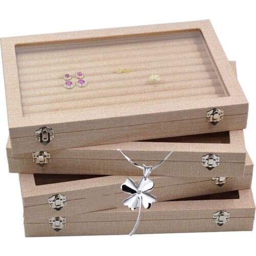 Linen handbag with glass cover jewelry ring display box tray rack storage box organizer earrings ring bracelet