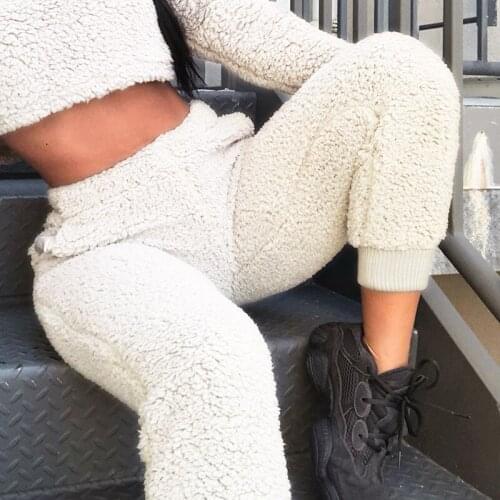 Fashion Teddy Lazy Faux Fur 2021 New Winter Jogger Pants Women Beige Lamb Fluffy Warm Pockets Casual High Waist Sweatpant Ladies