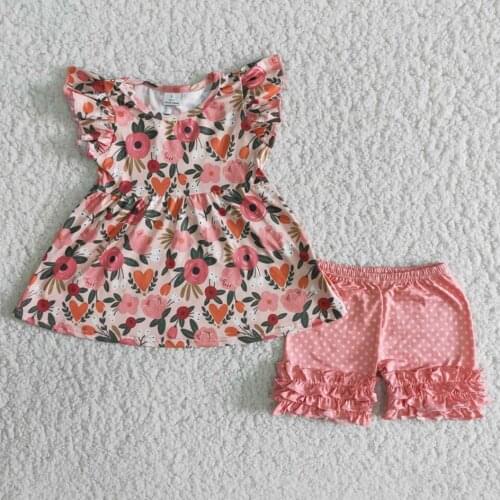 RTS Wholesale baby girls boutique outfits clothing sets summer flutter sleeve tunic icing ruffle shorts children pink polka dots