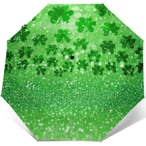 Wind Resistant Fully-Automatic Umbrella Green Glitter Sparkle Irish Shamrock Clovers Rain 3 Folding Parasol Travel Car Umbrella