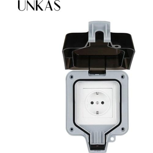 UNKAS IP66 Weatherproof Waterproof Outdoor Wall Power Socket 16A EU Standard Electrical Outlet Grounded AC 110~250V