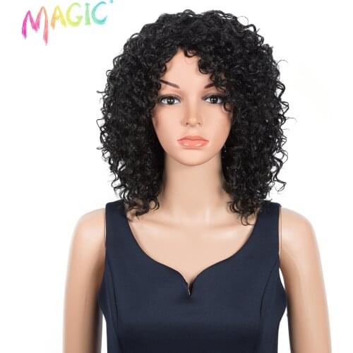 Magic 16inches Afro Kinky Curly Wig Side Part Nature Black Curly Wig Synthetic Long Wigs For Black Women Heat Resistant Hair