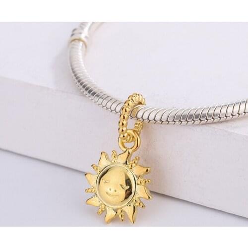 High Quality 925 Sterling Silver Gold Plated Pendant Sparkling Sun Charm Bracelet DIY Jewelry Making For Original Pandora