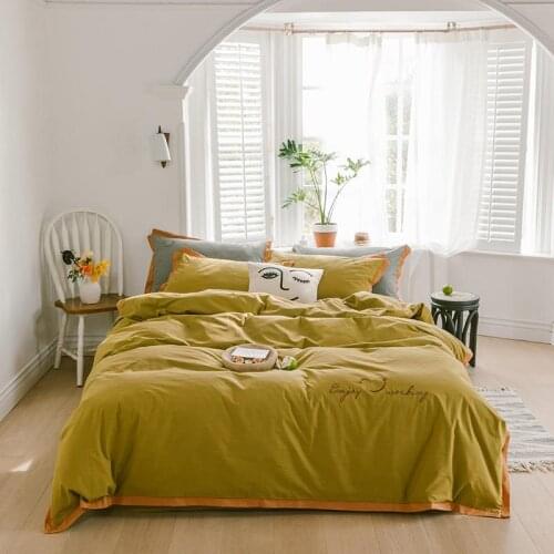 Yellow Bedding Sets Embroidery Bed Set Washed Cotton Bedding Winter Thicken Bed Linen Double Bed Rounded Sheet Pillowcases