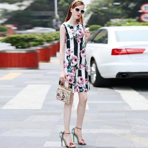 Customize Woman Sundress Women Casual Plus Size 3XS-10XL Celebrity Runway Stripe Rose Flower Print Sleeveless Vest Dress