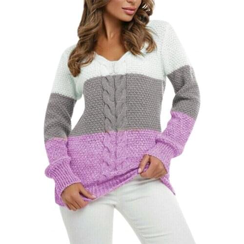 V Neck Knitted Top Long Sleeve Pullover Color Block Knitted Jumpers Women Knitwear Sweater for Daily Wear
