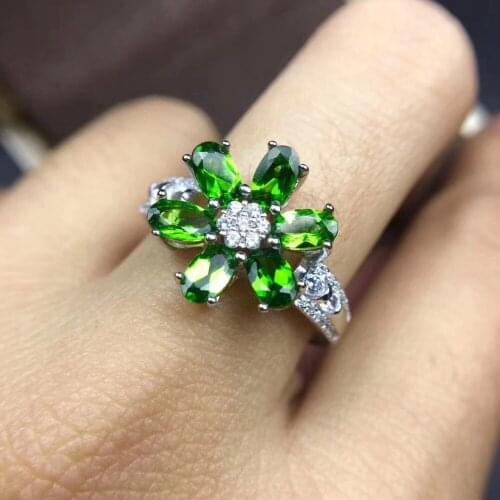 Natural big green diopside Fashion Elegant flowers Ring S925 Silver Natural gemstone Ring Women girl party gift Ring Jewelry