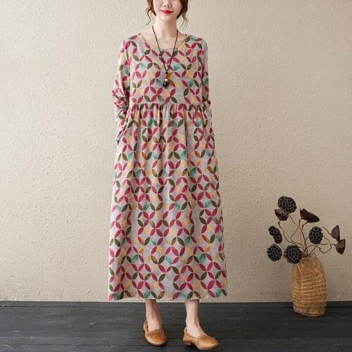 2021 Print Floral Prairie Chic Vintage Autumn Dress Cotton Linen Loose Women Casual Spring Long Dress Office Lady OL Work Dress