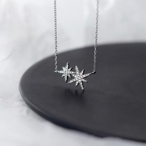 100% Real 925 Sterling Silver Double Stars Pendant Necklaces Shiny Astral Necklaces Chokers Jewelry for Women Gifts
