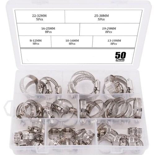 50 Piece 8-38mm Range Stainless Steel Adjustable Worm Gear Hose Clamps Assortment Kit for Water Pipe