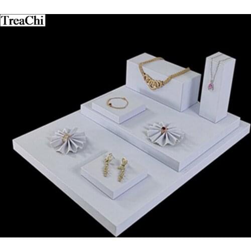 8Pcs/lot Morden White PU leather Solid Ring Holder Pendant Necklace Earring Board Stand Jewelry Display Counter Showcase Tray 1