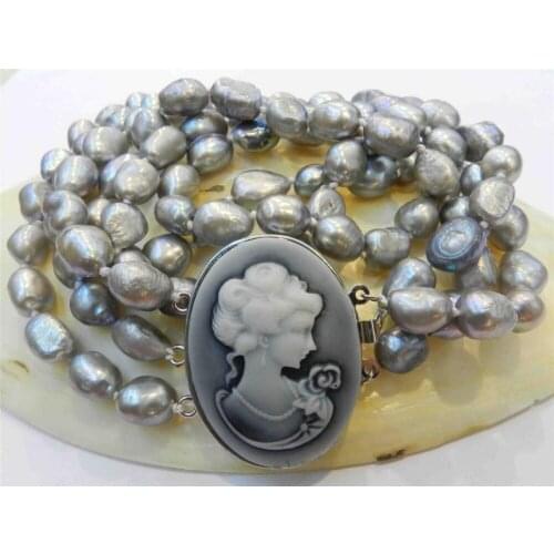 FREE Shipping 3 ROWS SILVER 9mm GRAY REAL CULTURED PEARL NECKLACE EMBOSSED QUEENS AVATAR CLASP