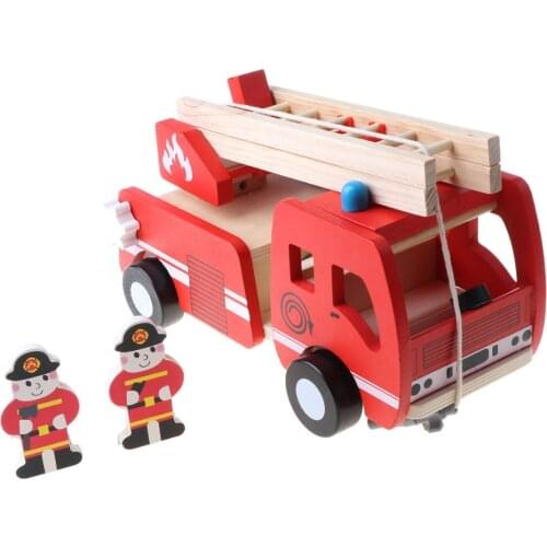 Wooden Fire Truck with Firefighter Play Figure Colorful Playset Pretend Toy
