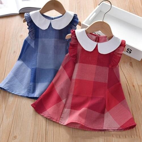 Kids Girls Plaid Dress 2021 New Summer Sleeveless Dresses Peter Pan Collar Princess Cute Dress Blue Red Causak Dress Age 2-6Y