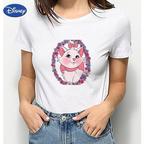Disney Casual T Shirt Women Marie Cat Summer Top Crewneck Elegant White Short Sleeve Ulzzang Paris France Fashion 2021 Elegant