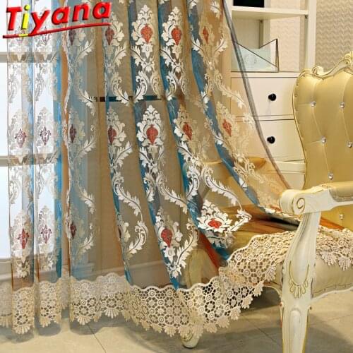 European Luxury Coffee/Blue Gradient Embroidery Curtains for Living Room Gold Embroidery Lace Bottom Yarn for Balcony X-HM694*VT