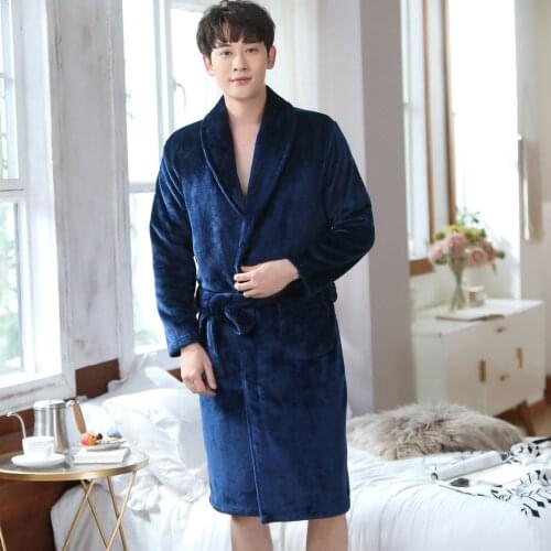 Autumn Winter Men Nightgown Kimono Bathrobe Gown Flannel Negligee V-neck Bath Robe Intimate Lingerie Solid Blue Robe Sleepwear