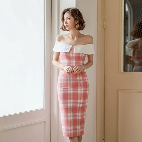 Slash Neck Print Classic Plaid Pink Summer Dress 2020 Short Sleeve Tight Dresses Woman Party Night Plus Size Dresses for Women