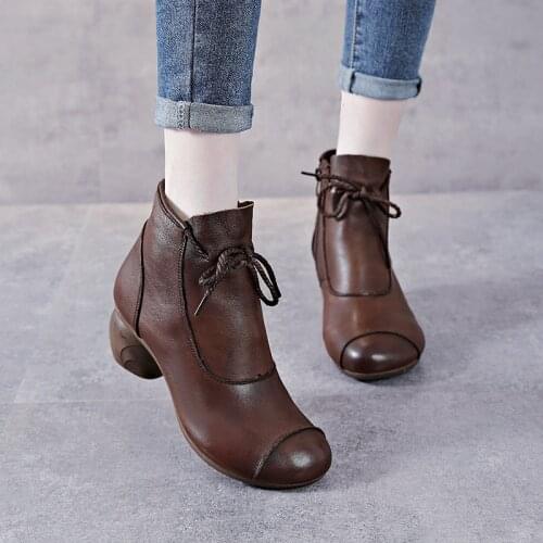 Short Boots Female Spring and Autumn Single Boots Temperament Martin Boots First Layer Cowhide Retro Thick Heel High Heels