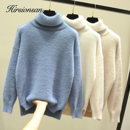 Hirsionsan Mohair Sweater Women Turtleneck Thicken Ladies Velvet Pullover 6 Color Soft Clothes Split Bottoming Knitted Jumper