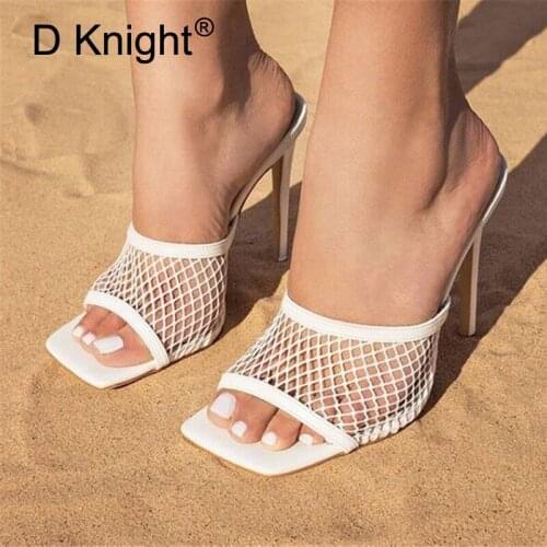New Sexy PU Square Peep Toe High Heel Mesh Slippers Big Size 42 Summer Fashion Slip On Thin Heels Slides Women Mules Party Shoes