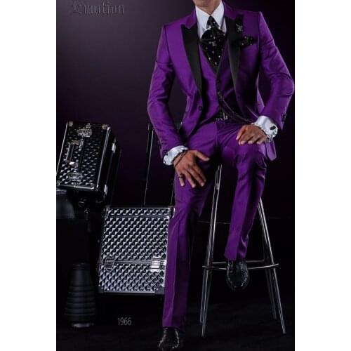 New Arrival Groomsmen Purple Groom Tuxedos Peak Black Lapel Men Suits Wedding Best Man 3 Pieces ( Jacket+Pants+Vest+Tie ) C842