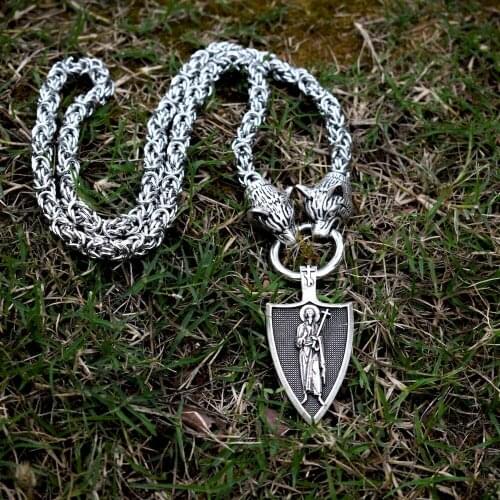Stainless steel wolf head pendant St.Andrew Protect Me Saint Shield necklace