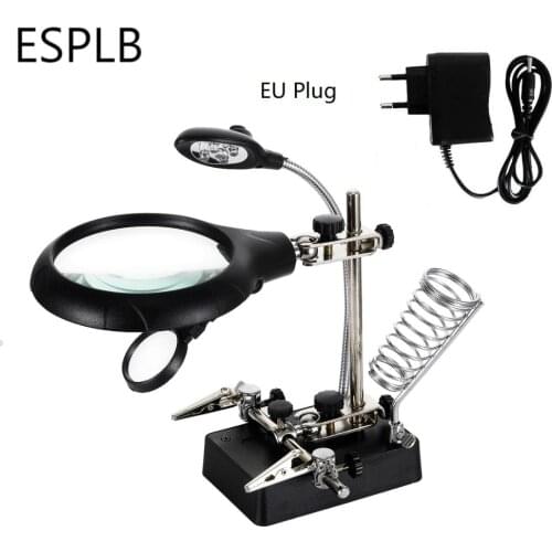 ESPLB Helping Hands Third Hand Soldering Iron Welding Stand Station with 5 LED Clip Welding Magnifier Magnifying Glass