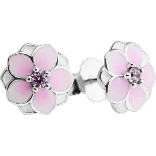 Magnolia Bloom Stud Earrings for Women 925 Sterling Silver Earrings Jewelry Pink CZ Flower Women Earrings Crystal Jewellery