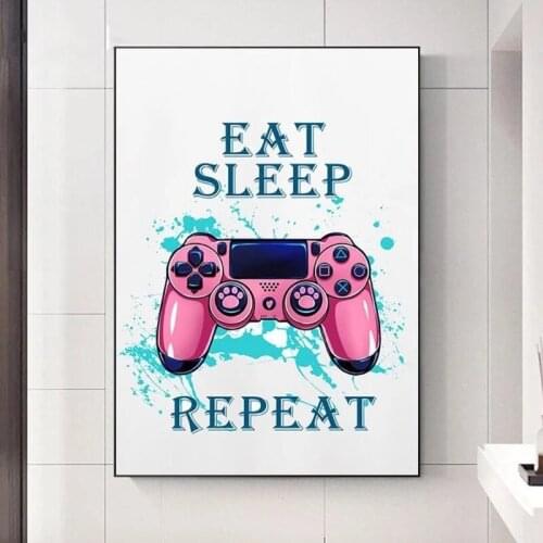 Modern Gaming Eat Sleep Repeat Canvas Painting Gamepad Wall Art Posters Prints Game Cartoon Wall Pictures for Gaming Room Decor