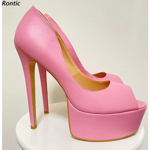 Rontic Handmade Women Platform Pumps Sexy Stiletto Heels Peep Toe Pretty Pink Fuchsia Black Part Party Shoes Women US Size 5-20