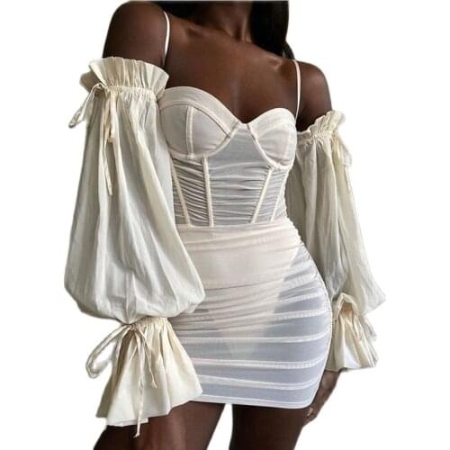 Vestidos Mujer Dress New Womens Wear Sexy Versatile Lantern Sleeve Strapless Open Back Perspective Hip Wrap Women Fd8958