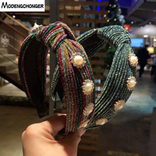High Quality Cross Knotted Pearl Headband For Woman Retro Rainbow Bezel Stripe Twisted Hairband Ladies Headwear Hair Accessories