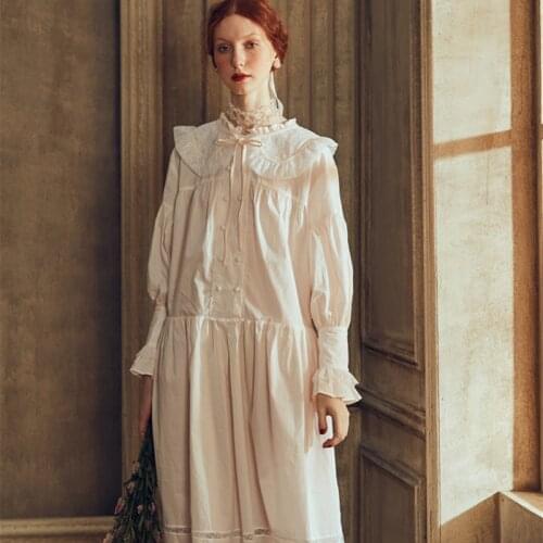 Lady Spring Summer Sleepwear Nightdress Elegant Cotton Princess Women Nightgown Long Sleeve European Medieval Retro Style Dres