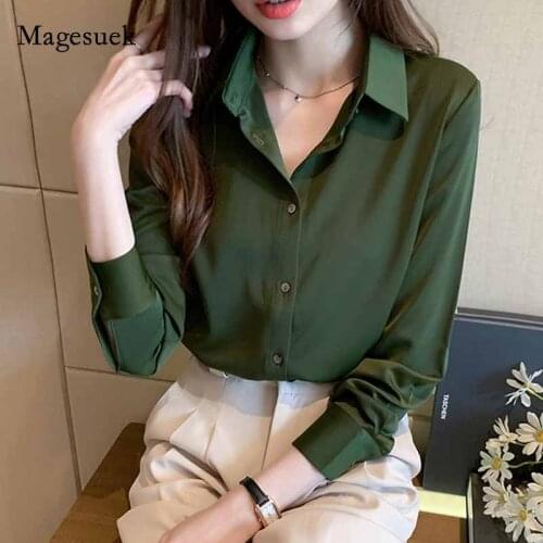 2020 Autumn All-match Satin Casual Turn-down Collar Women Blouses Solid Single-breasted Cardigan Long Sleeve Shirt Blusas 11053