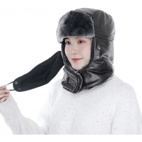 Doitbest women hat Winter fur bomber hats Windproof rainproof Thick warm women‘s Outdoor skiing PU Leather face mask ushanka hat