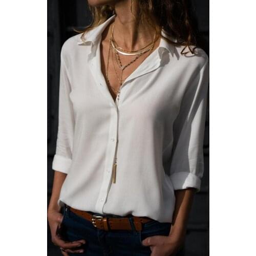 Office Lady Autumn Deep V Neck Turn Down Collar Chiffon Loose Buttons Down Shirt Womens Tops Blouses Women Blouse Slim T-Shirts