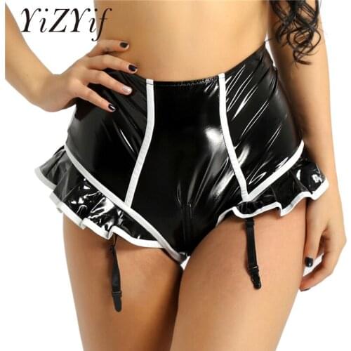 YiZYiF Women Wetlook Sexy Panties Clubwear Faux Leather Ruffled Zipper Crotch High Waist Surspender Panties with Plastic Garters