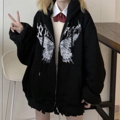 Women Hip Hop Streetwear Hoodies Female Autumn Butterfly Print Punk Zip-up Loose Coats Harajuku Y2k Aesthetic Hooded Sweatshirts